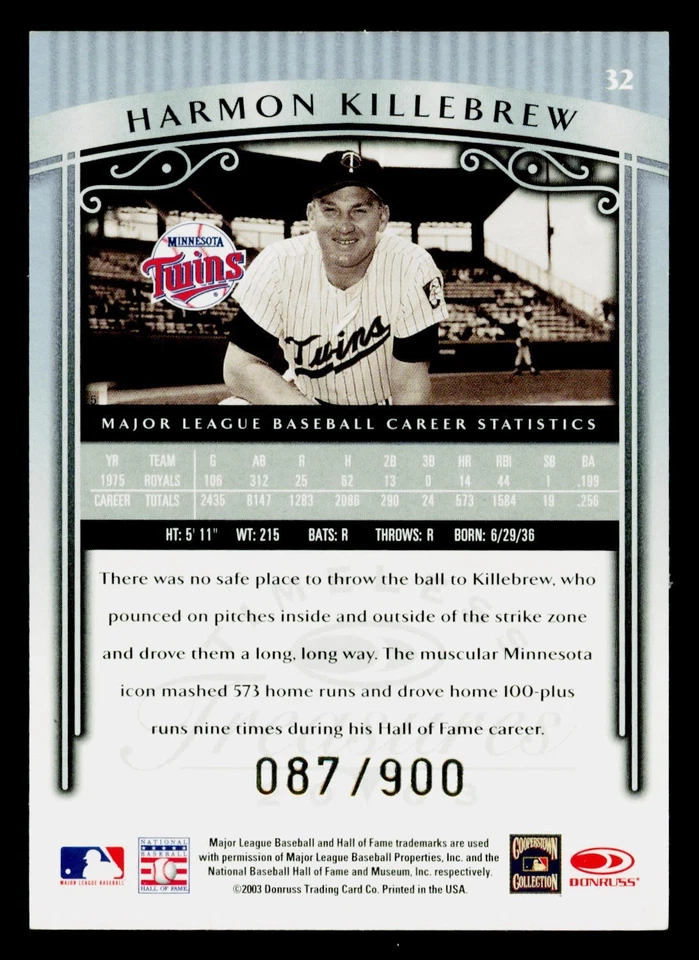 2003 Donruss Timeless Treasures - Harmon Killebrew #32 87/900 EX (DING CORNER) - Image 2 of 2