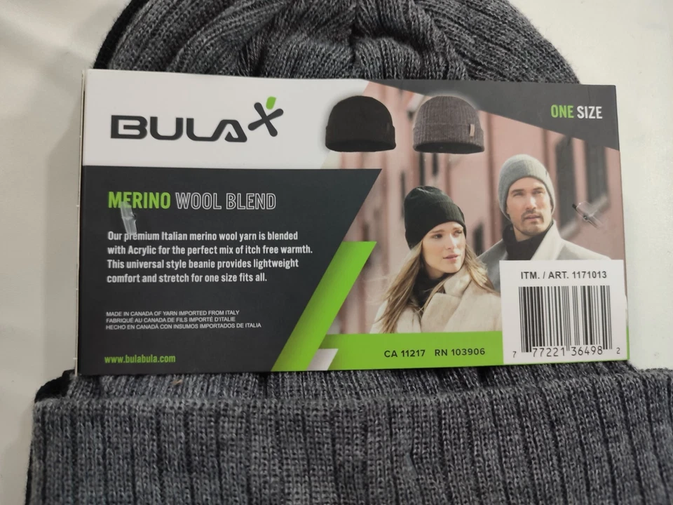 PACK DE 2 GORROS TÉRMICOS NEGROS/GRISES - Unisex Bula Merino Mezcla Lana Sombreros de Invierno Foto 3 de 4