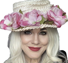 Vtg Womens Straw Wide Brim Hat 1950s White /Pink Roses Sz S Church Garden Party
