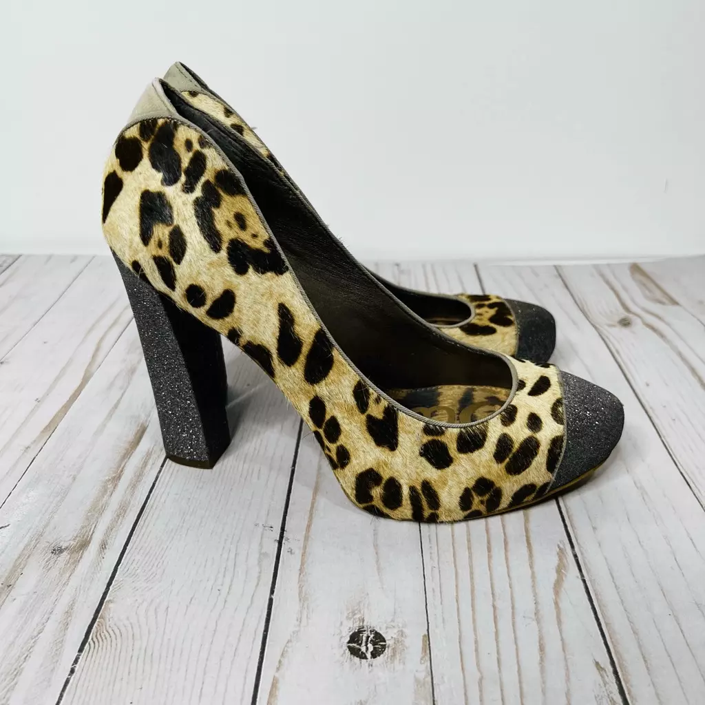 Sam Edelman Frances Leopard Glitter Block Heel Pump Size 8.5