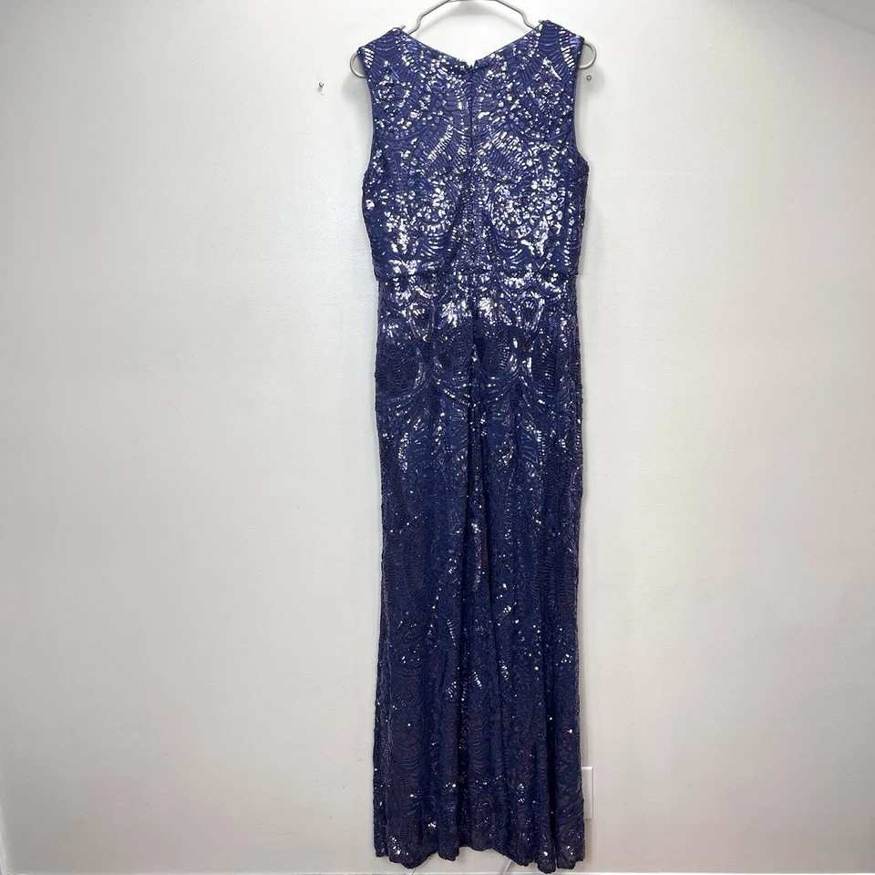 Maxi Vestido Mantón Alex Evenings Azul Púrpura Lentejuelas Sin Mangas Talla 10 Foto 4 de 4