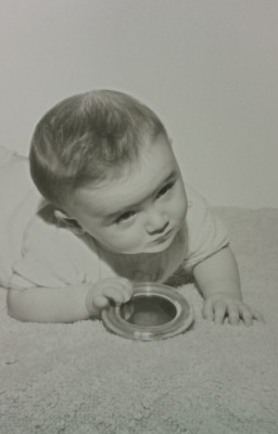 1960s Serious Baby Teeth Ring Toy Studio B&W Vintage Photograph 5x7