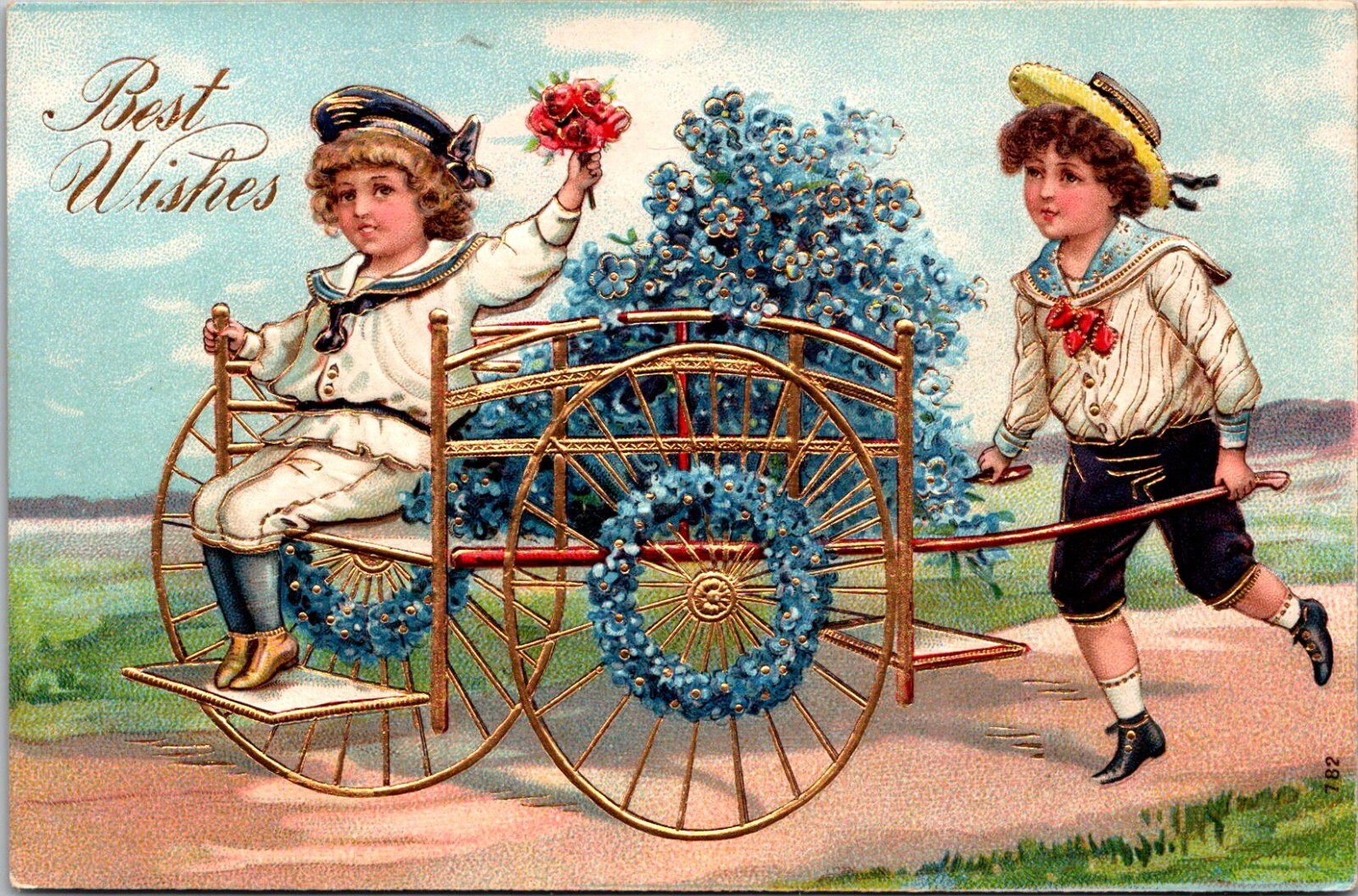Vintage Best Wishes Postcard Young Sailor Boys Flower Cart Gold