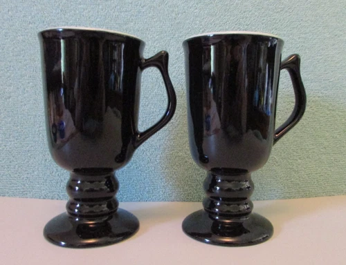 Hall 1272 Black White Vintage set of 2 Footed Pedestal Irish Coffee Mugs USA