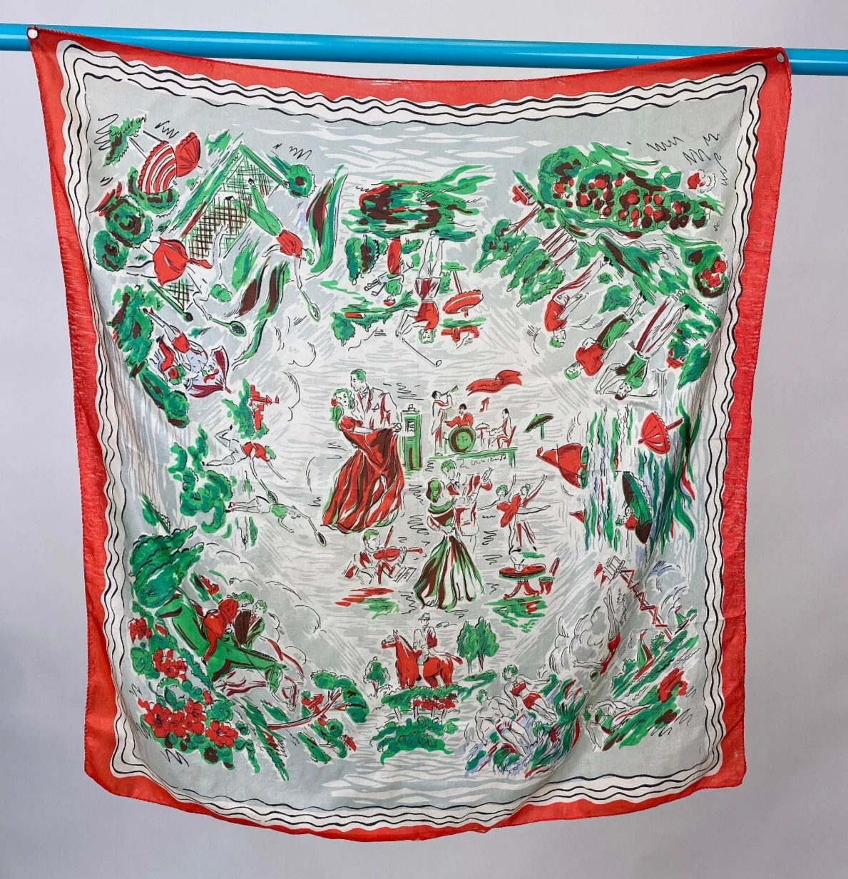 Vintage 1940s Outdoor Activities Novelty Scarf Green Red Silk Novelty Scarves