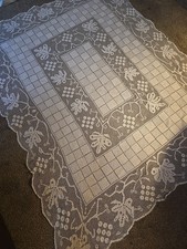 Vintage Cotton Filet Lace Tablecloth 56x72 Grapes Leaves