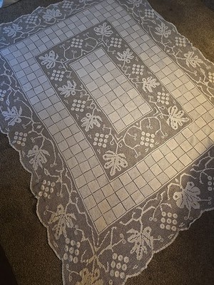Vintage Cotton Filet Lace Tablecloth 56x72  Grapes Leaves