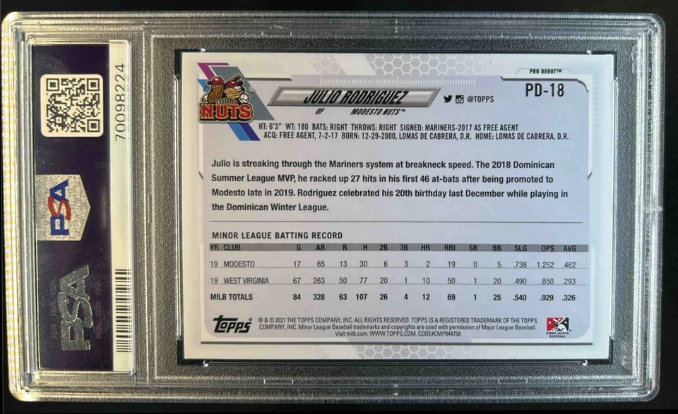 2021 Topps Pro Debut Julio Rodriguez Rookie RC #PD-18 PSA 10 - Image 2 of 2