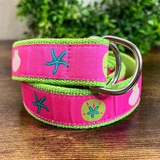 Douglas Paquette Ribbon Belt Large Green Pink Seashell Starfish Ocean Beach 