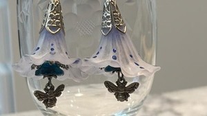 Frosted Hand Crafted Lucite Bell Flower Earrings w/ Dangling Bee/2 1/2" Long