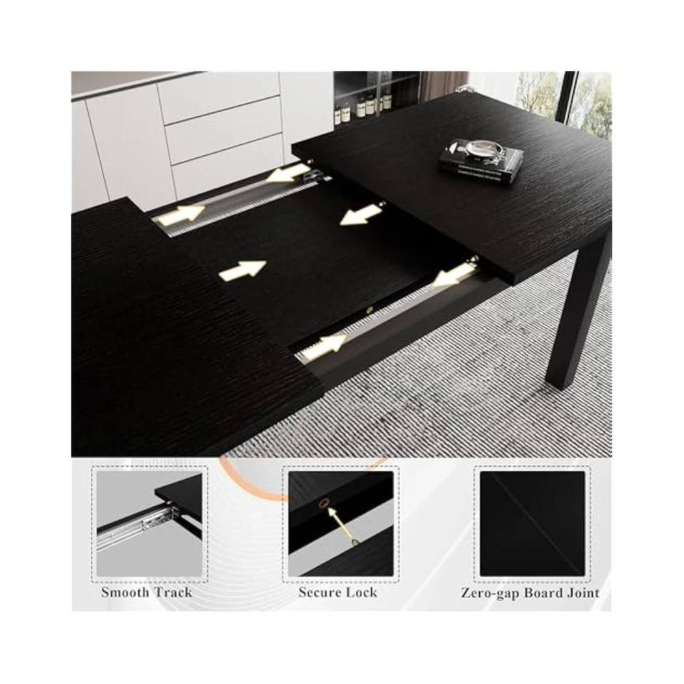 Juego de Mesa de Comedor 5 Piezas, Extensible, con 2 Bancos 2 Taburetes, Negro Foto 4 de 4
