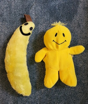Two Vintage Yellow Plushies, 8'' Smiley Doll, 10'' Banana