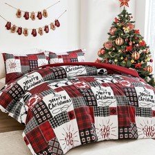 Christmas Duvet Cover Set Queen Size, 3 Pieces Red Patchwork Reindeer Snowflake
