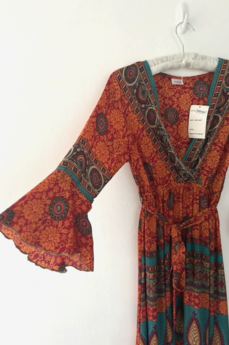 Modina Modes Dress Art Silk BNWT Boho Hippie Maxi Belt 3/4 Sleeve OS 10 12 14 - Picture 7 of 12