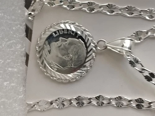 Shiny Silver Plated Necklace With 1964 10 Cents Proof Coin 90% Silver