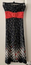 VTG EUC Strapless Dress Floral  Black W/ Red Bow Sz Medium, Made In USA