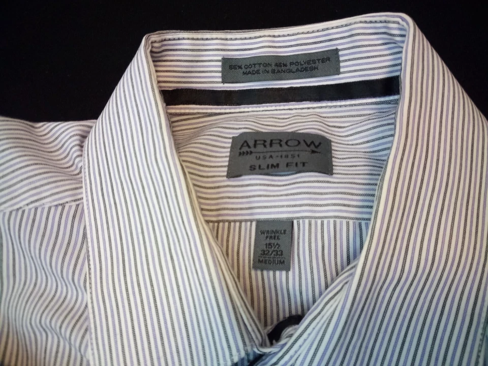Camisa de vestir Arrow USA 1851 para hombre M 15,5 32/33 ajustada verde púrpura a rayas Foto 2 de 4
