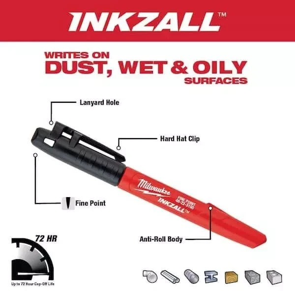 Set 12 Pack Milwaukee Inkzall Jobsite Permanent durable Marker Fine Point Black - Image 3 of 4
