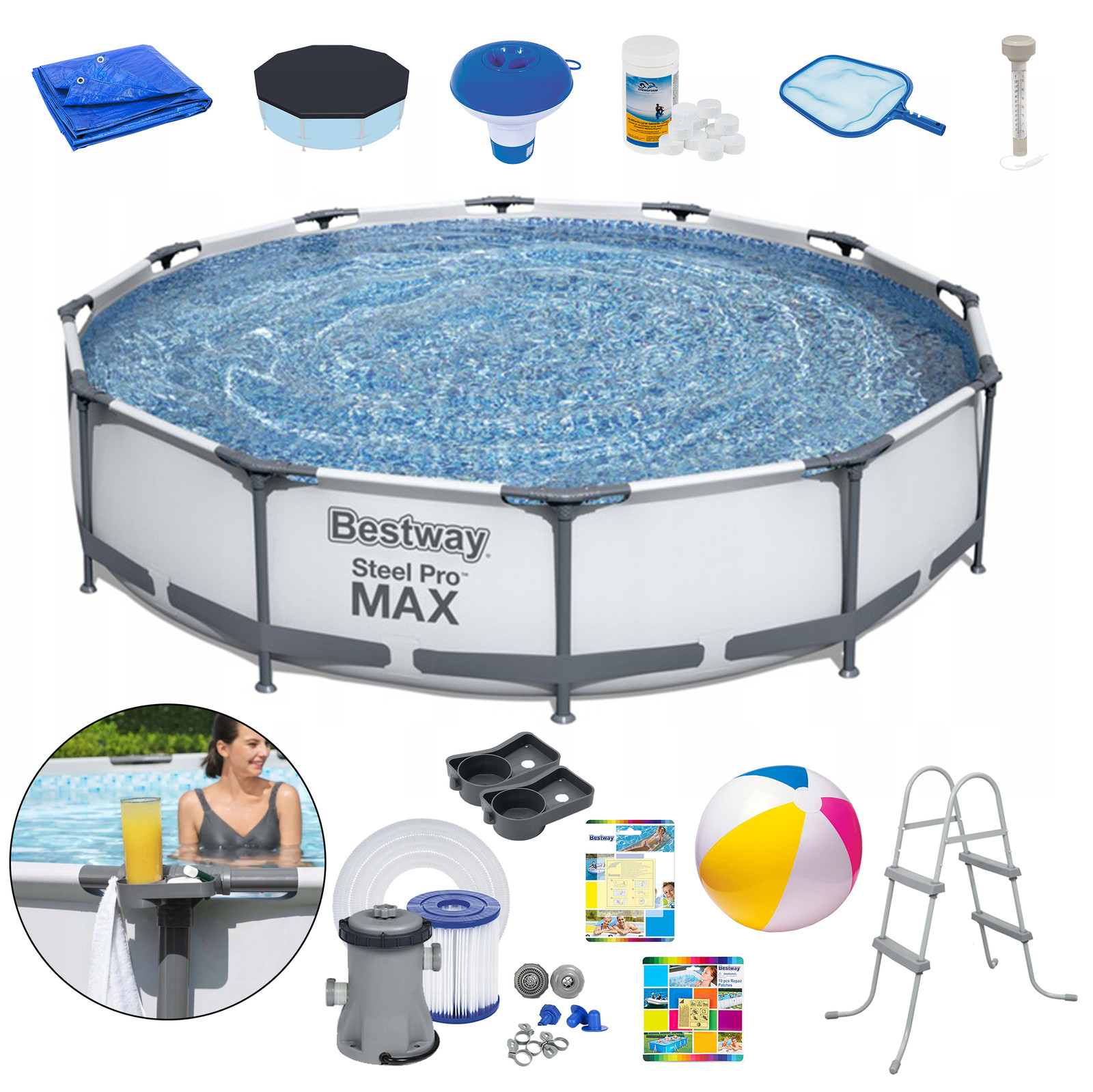 22 en 1 PISCINA BESTWAY 366 cm 12 pies sobre el suelo piscina jardín redonda + JUEGO DE BOMBAS