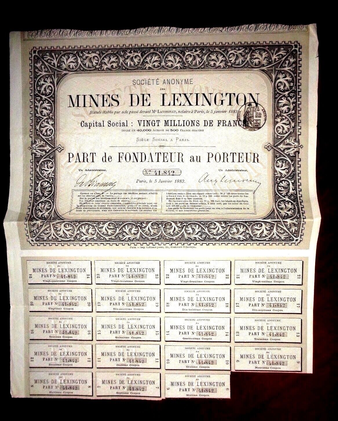 Mines de Lexington, Montana certificado de acciones mineras de plata 1883