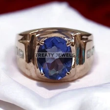 Blue Sapphire Oval Cut With 925 Sterling Silver Gold Plated Ring For Men #A212