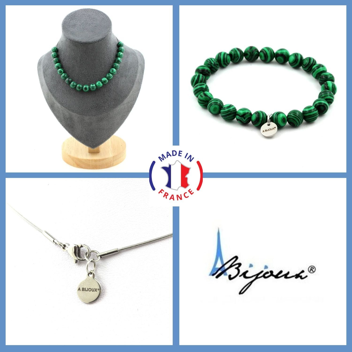 Parure bijoux en malachite verte avec collier et bracelet de 20 perles 8 mm
