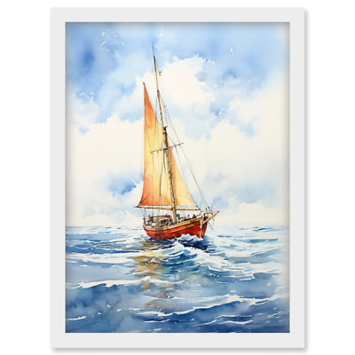 Orange Sailing Boat Watercolour Painting Bathroom Artwork Framed Art Print A4