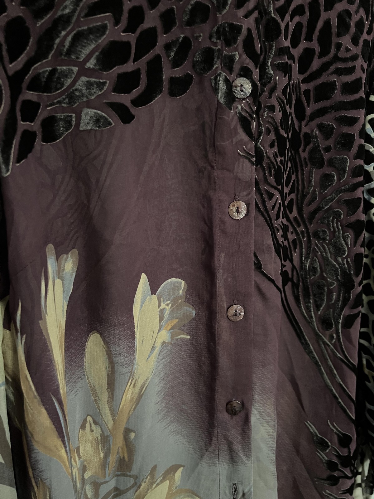 Citron Santa Monica Shirt Womens PM Purple Sheer Burnout Velvet Silk Floral