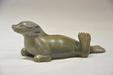 Antique Carved SEAL Figural Soapstone Signed Statuette Figurine Flippers