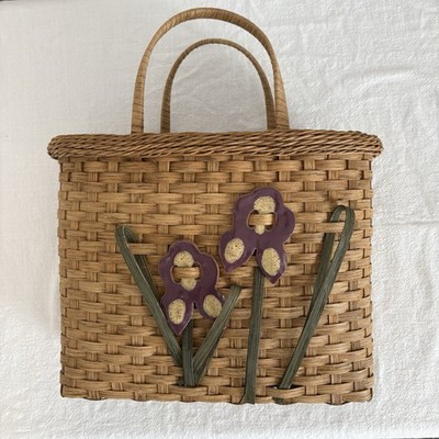 Handwoven Studio Basket Floral Fiber Art Tote Purse Basket Signed KD 2008