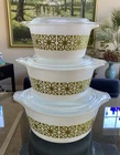 VTG Pyrex Verde Autumn Floral Square Flowers Casserole Set 473 474 475 w Lids