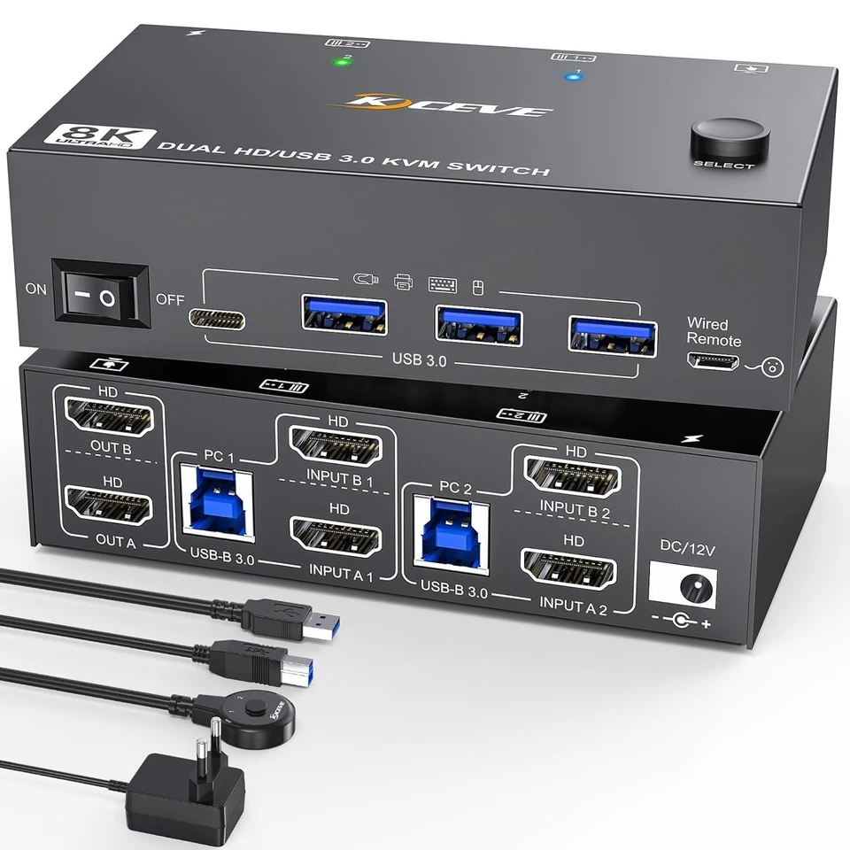 camgeet 8K KVM Switch · 2 PC 2 Monitore · HDMI 2.1 · 4× USB 3.0 · Remote · 12V - Bild 2 von 4