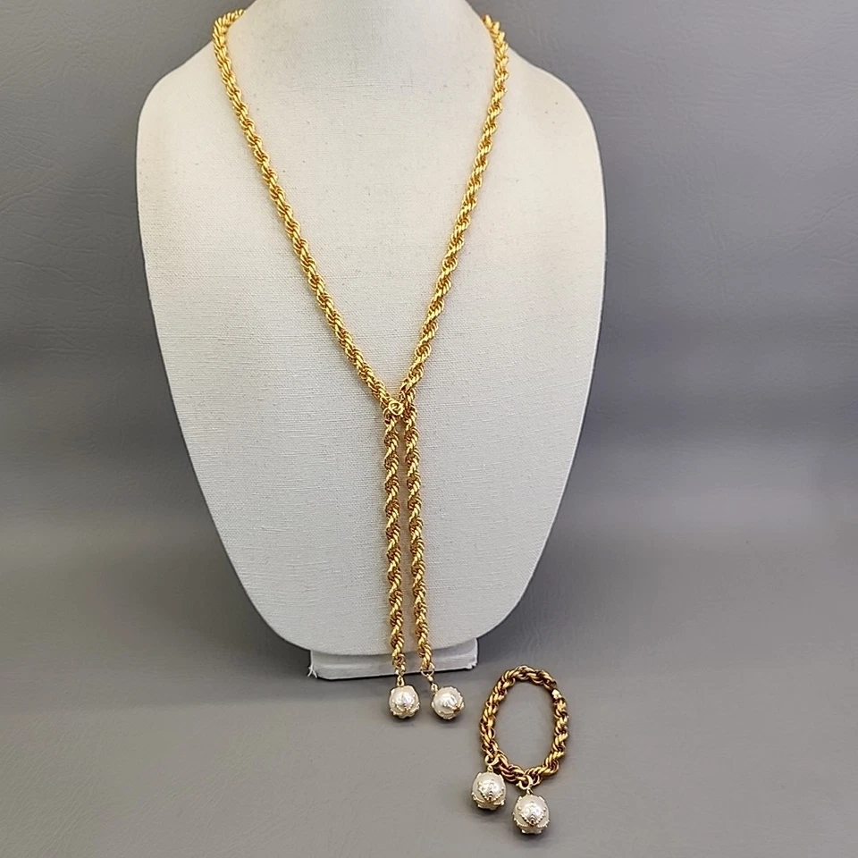 Vintage Celebrity Rope Chain Necklace Bracelet Set White Imitation Pearls Chunky - Image 2 of 4