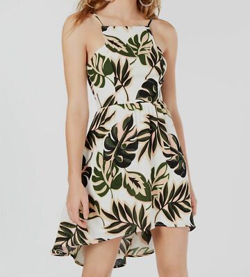Teeze Me Juniors' Palm-Print High-Low Dress - Off White/Green