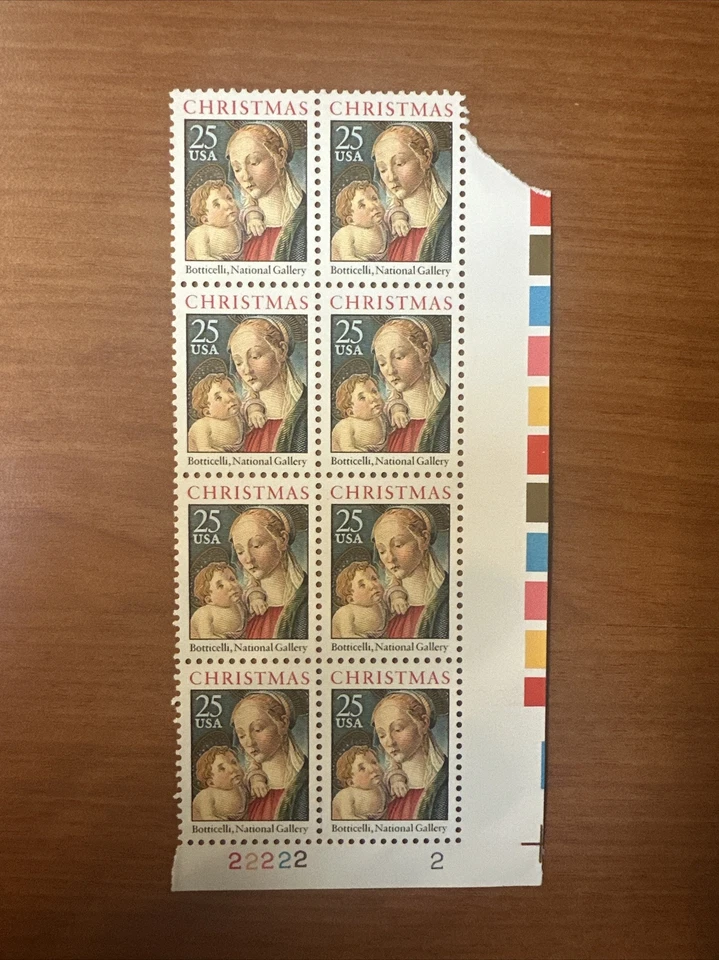 Christmas Madonna by Botticelli, 25¢ stamp, Plate Block - Image 2 of 4