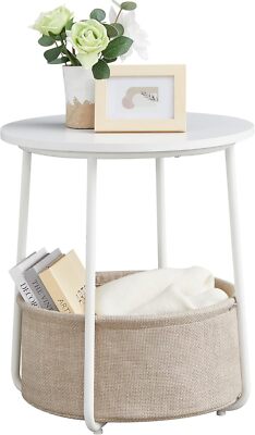 Small Round Side End Table, Modern Nightstand with Fabric Basket, Matte White