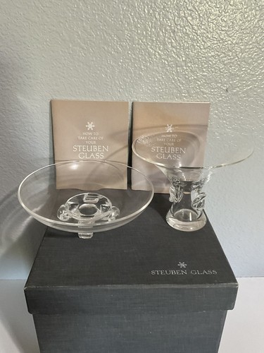 Steuben Kunstglas 8" Rollfuß niedrige Schale & Blumenstrauß Vase 7" 2er Set