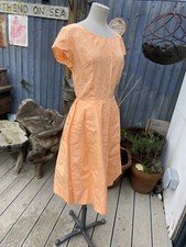 SIZE 12 VINTAGE 50S ORANGE COCKTAIL DRESS FIT & FLARE FLORAL JACQUARD ACETATE