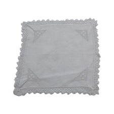 Vintage Hankie White Embroidered Handkerchief With Knit Crochet Border Scarf