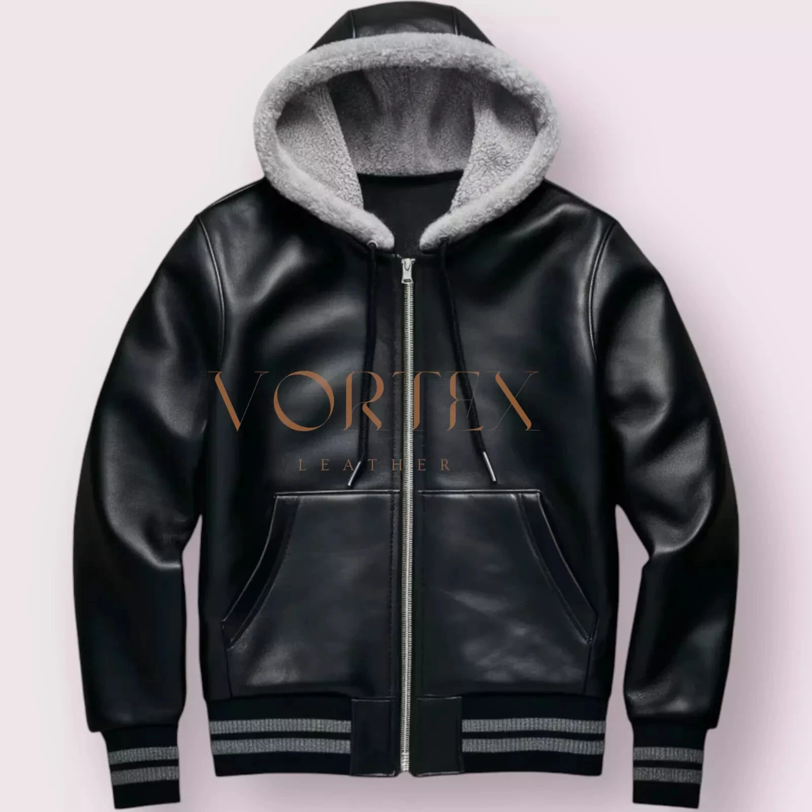 Men's Black Zipper Leather Hoodie Real Lambskin Leather Hoodie Classic Style
