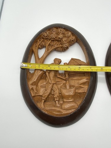 Southeast Asia Wood Art Plaques Village Scene Daily life Oval Pair/Set Vintage - Picture 3 of 19