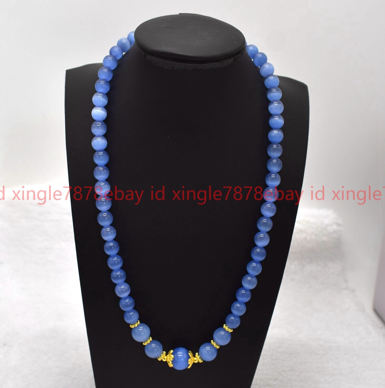 Beautiful Fashion Natural 6-10mm Blue Cat Eye Round Gemstone Beads Necklace 18in