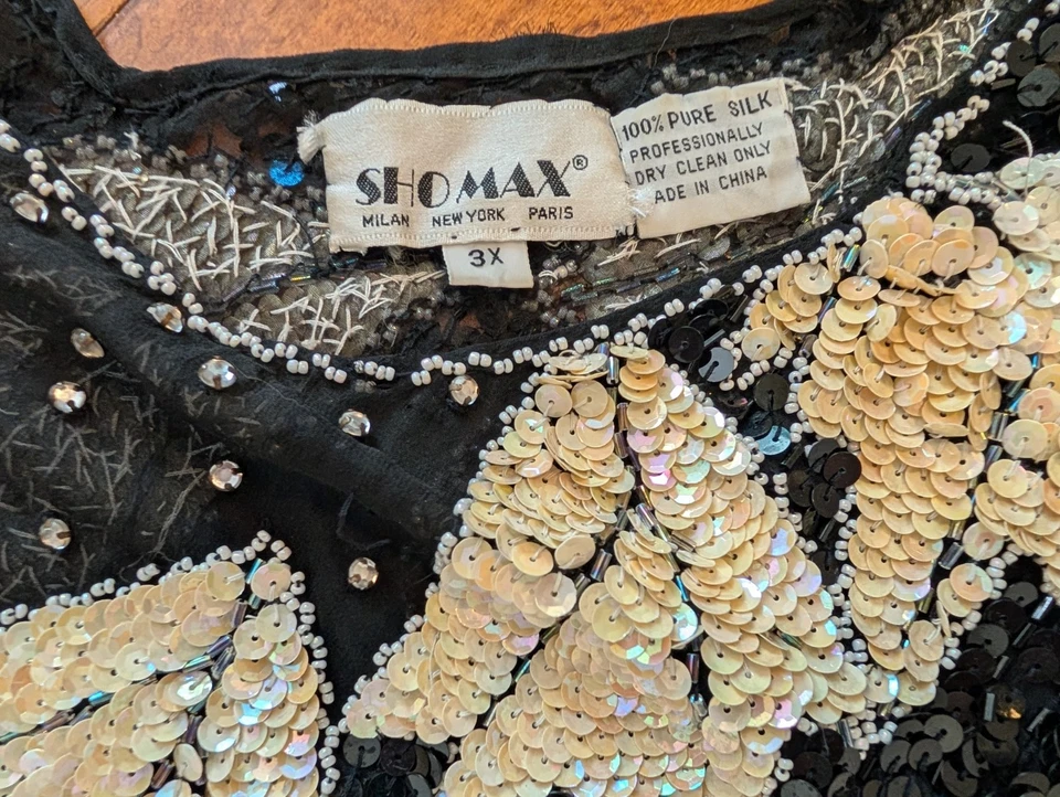 复古 Womans SHO MAX 100% 真丝串珠亮片黑色白色叶子连衣裙尺寸 3X  — 第 3/4 张图片