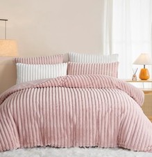 Fluffy Duvet Cover Set King Size Pink,Faux King No Comforter Striped Pink