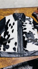 Genuine Cowhide Leather Jacket Black White Hair On Hide Biker Motorcycle Zip Coa