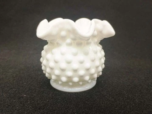 Fenton #3853 White Milk Glass Hobnail 3" Crimped Ruffled Vase 1950-70's MLKB80