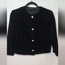Vintage 1970's Elegant Black Velvet Jewel Buttons Women's 12 Crop Blazer Jacket