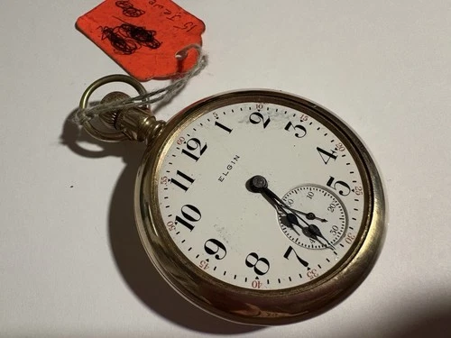 Elgin 15 Jewels Antique Pocket Watch Yellow Gold Open Face White Dial