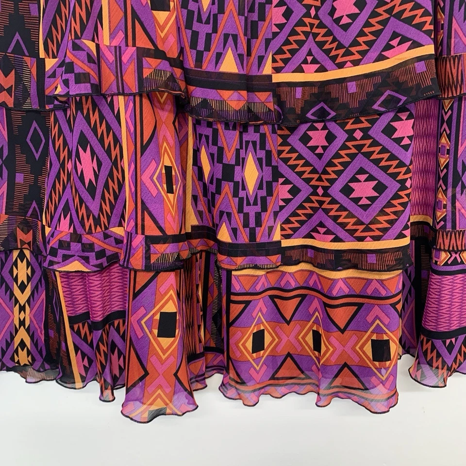 Moda Falda Bug 2X Púrpura Geométrica En Niveles Tirar Hasta la Rodilla Completamente Fluida Boho Foto 3 de 4