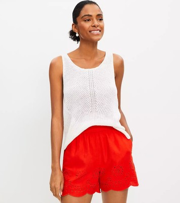 NEW Loft Pull On Shorts Eyelet Linen Blend Scalloped Hem Large Red Orange $59.99